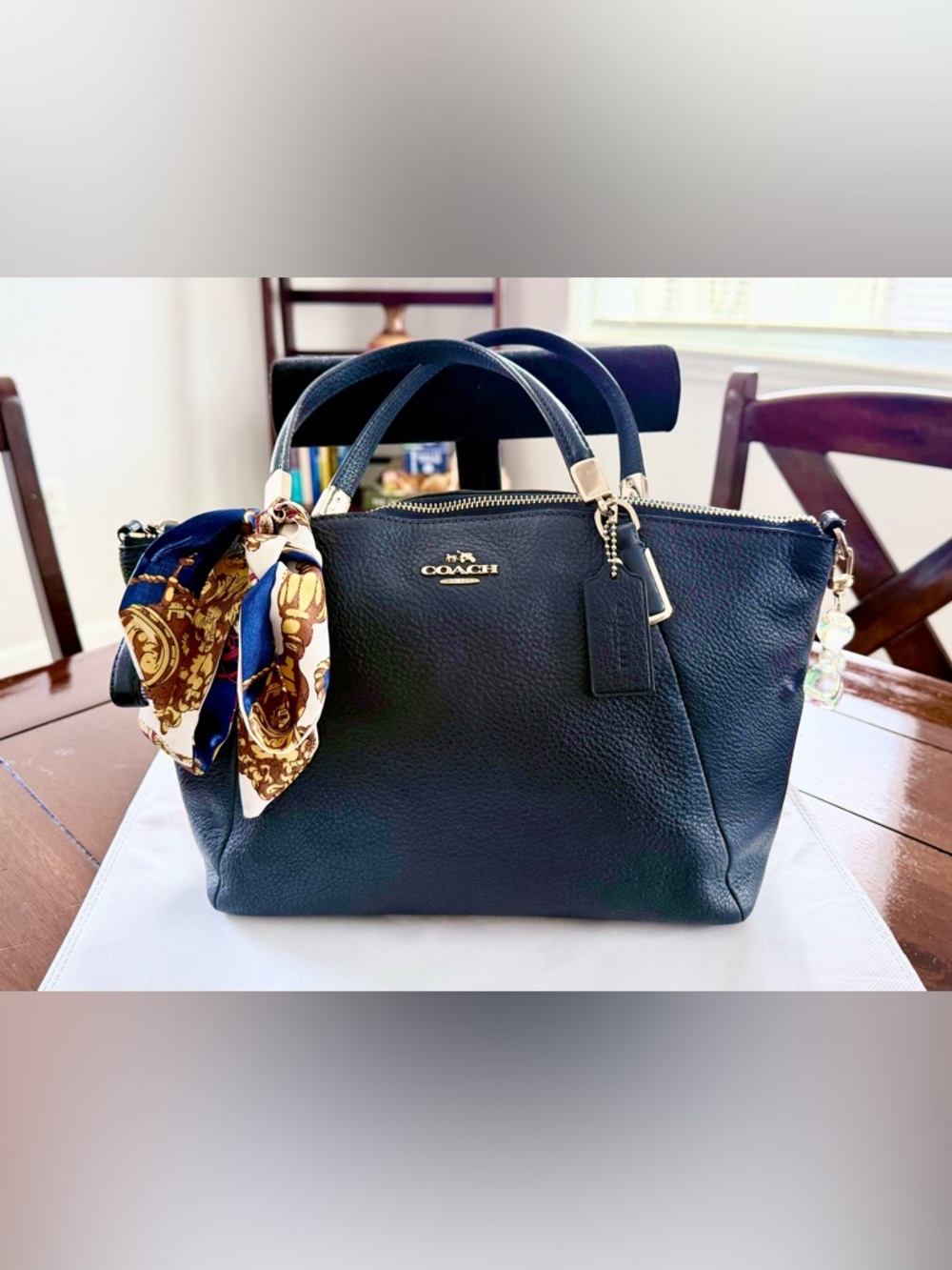 Coach Black Pebbled Leather Satchel with Gold Hardware and Decorative Scarf